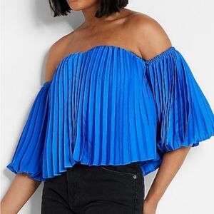 Express Blue Off-Shoulder Pleated Blouse